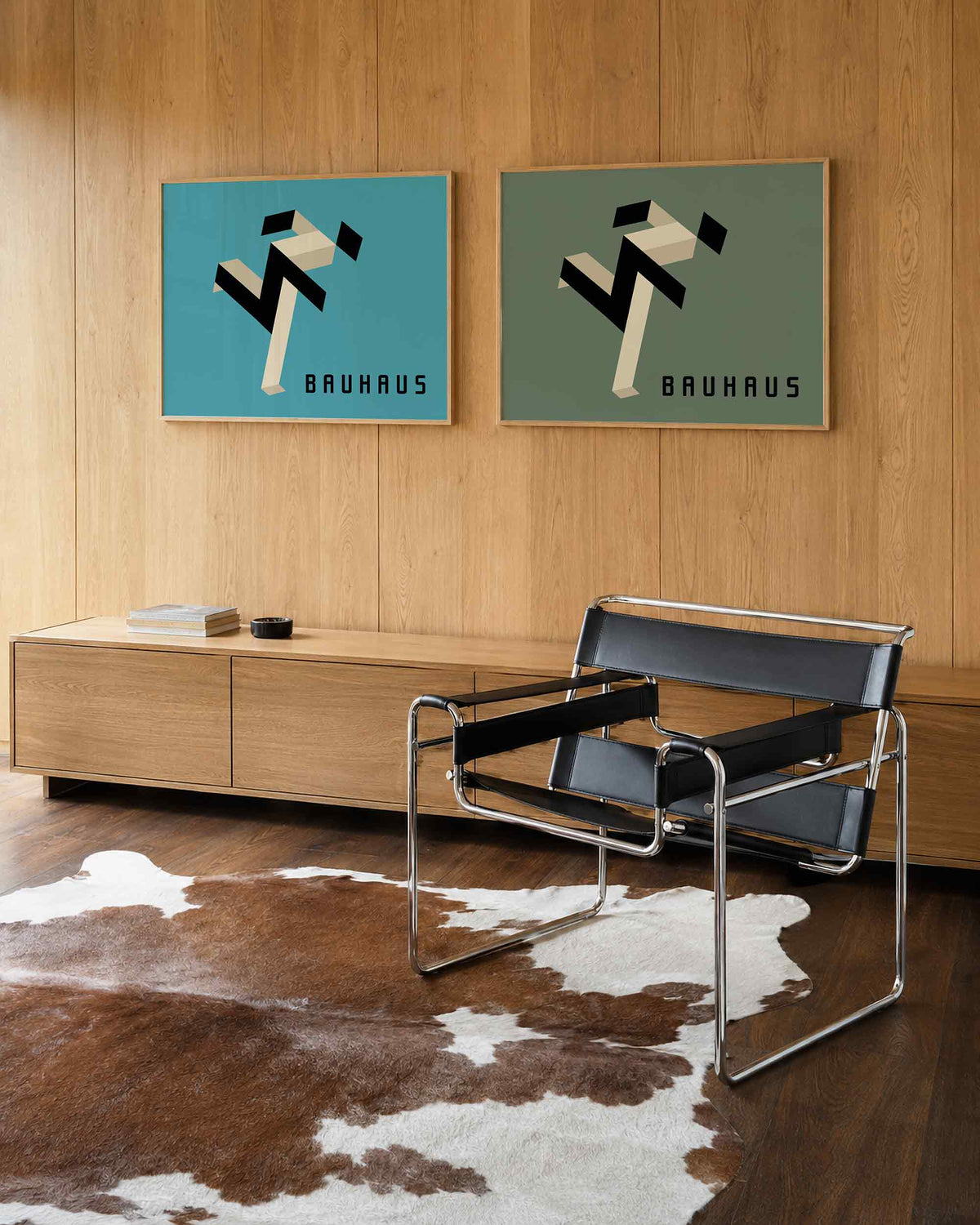 Interieurmockup van tweedelige landscape-posterset met zwevende zwart beige lijnen