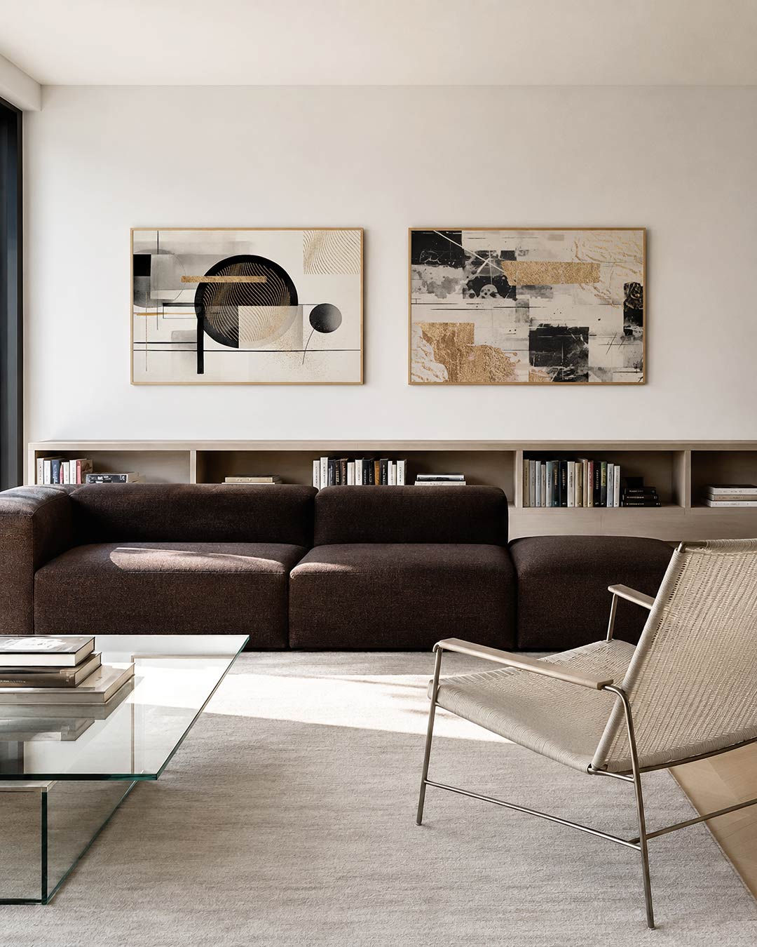 Twee liggende posters met zwarte en gouden lijnen en vormen op een lichte achtergrond, aan de muur in een interieur