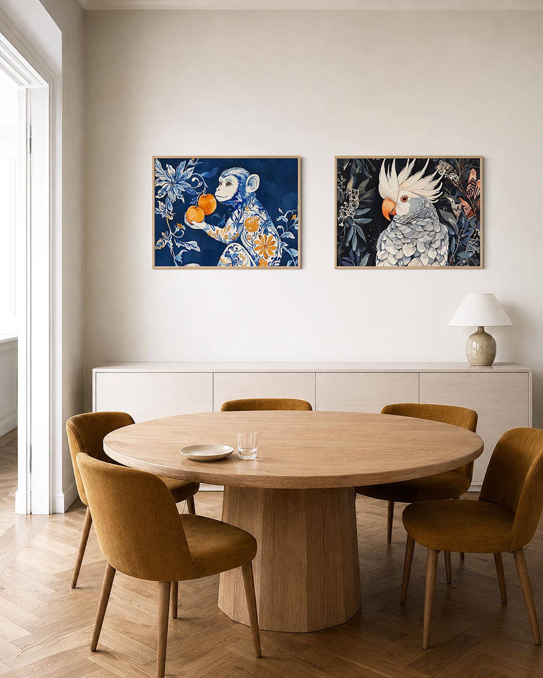 Interieurpresentatie van twee posters met een speelse aap met sierlijke bloemen en vruchten