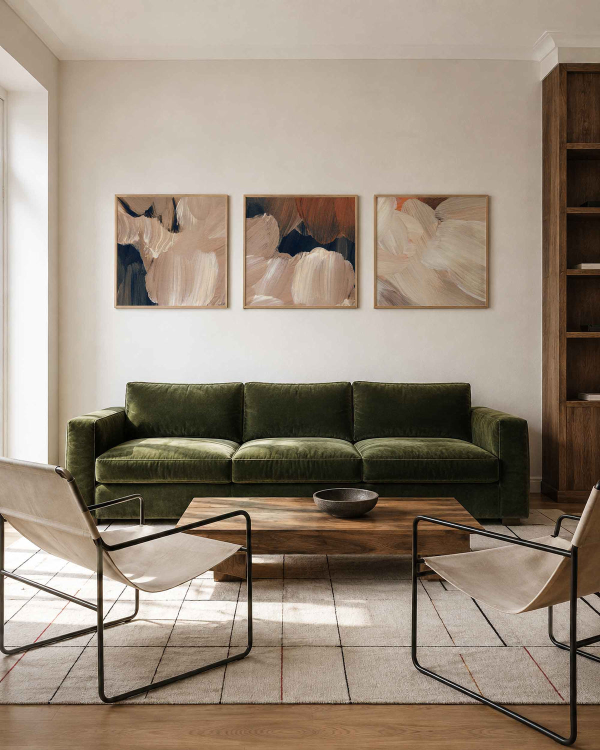 Interieurpresentatie van een driedelige vierkante posterset met beige abstracte verfstreken