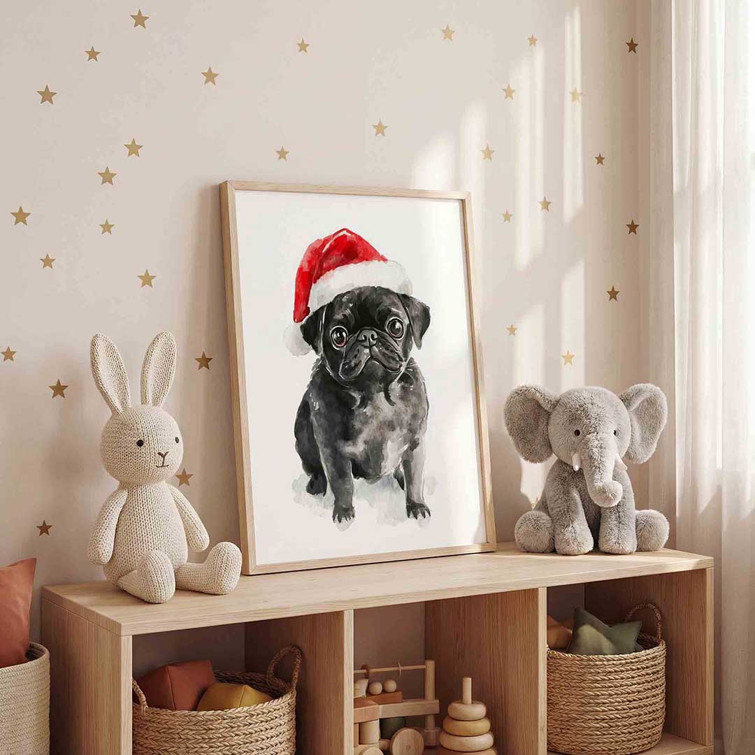 Mopshond met kerstmuts Poster