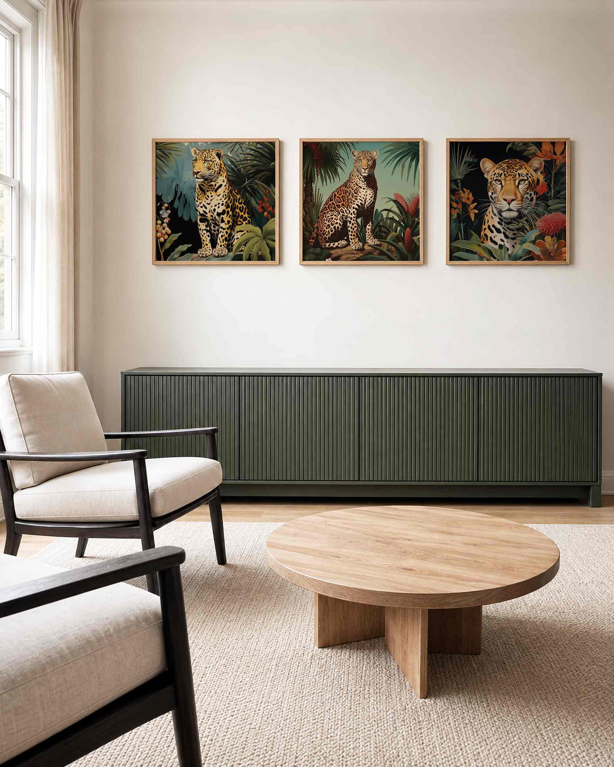 Interieurpresentatie van een driedelige vierkante posterset met luipaarden in tropisch groen