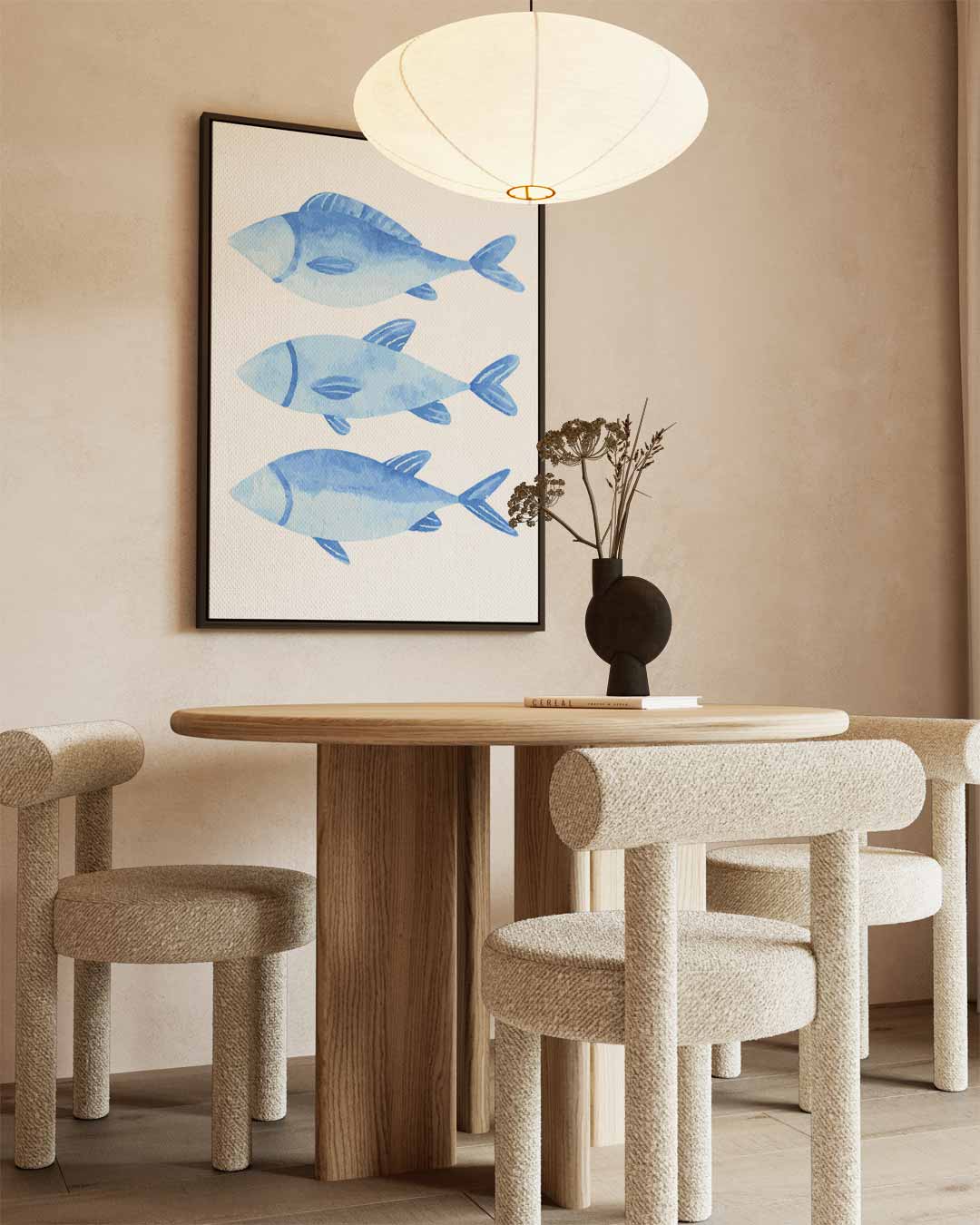Blauw Waterverf Vissen Trio Kunstwerk-canvas-dibond-plexiglas-wanddecoratie-WallArtistic