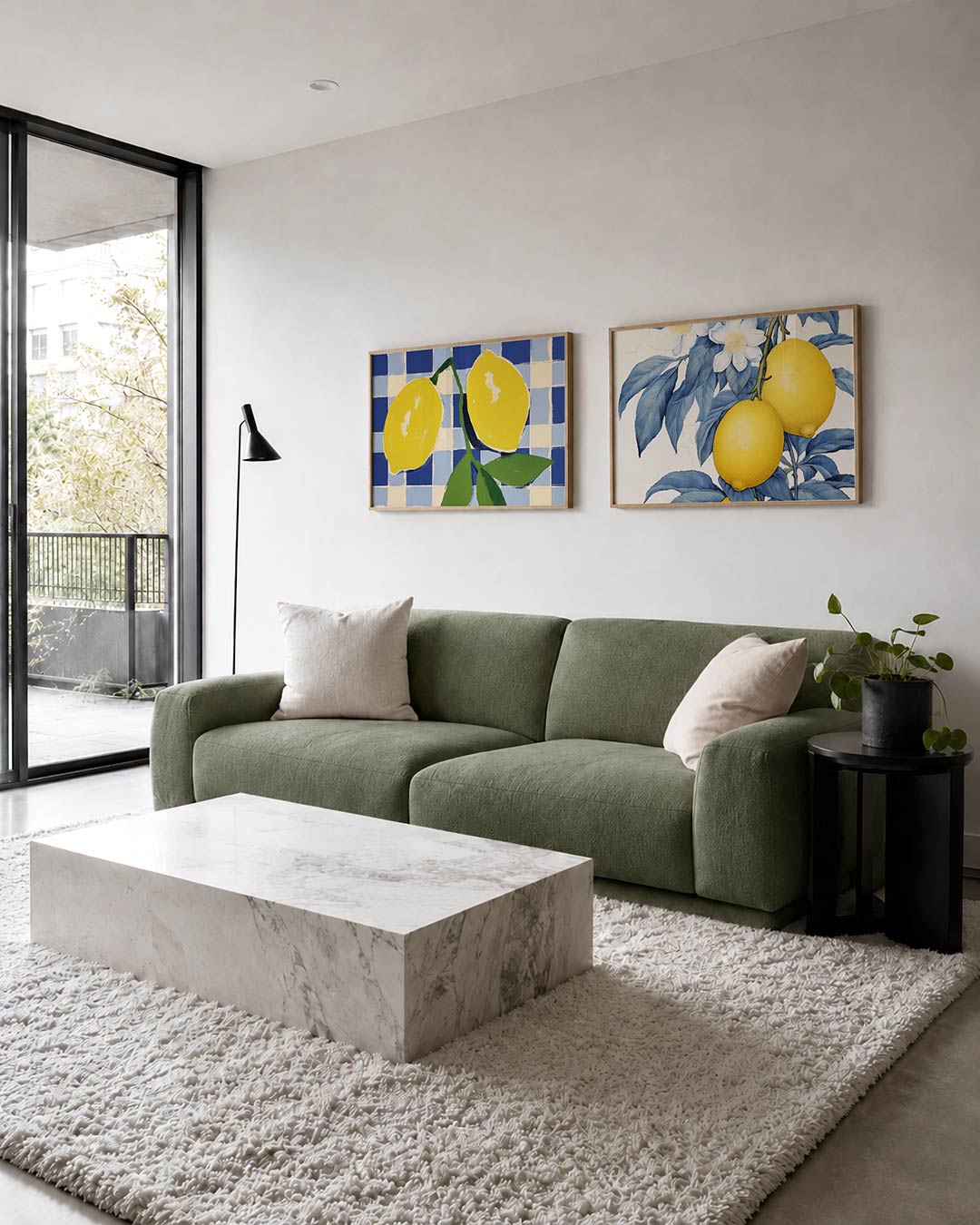 Tweedelige posterset met gele citroenen en groene bladeren tegen een blauw-wit tegelpatroon, getoond in een interieur