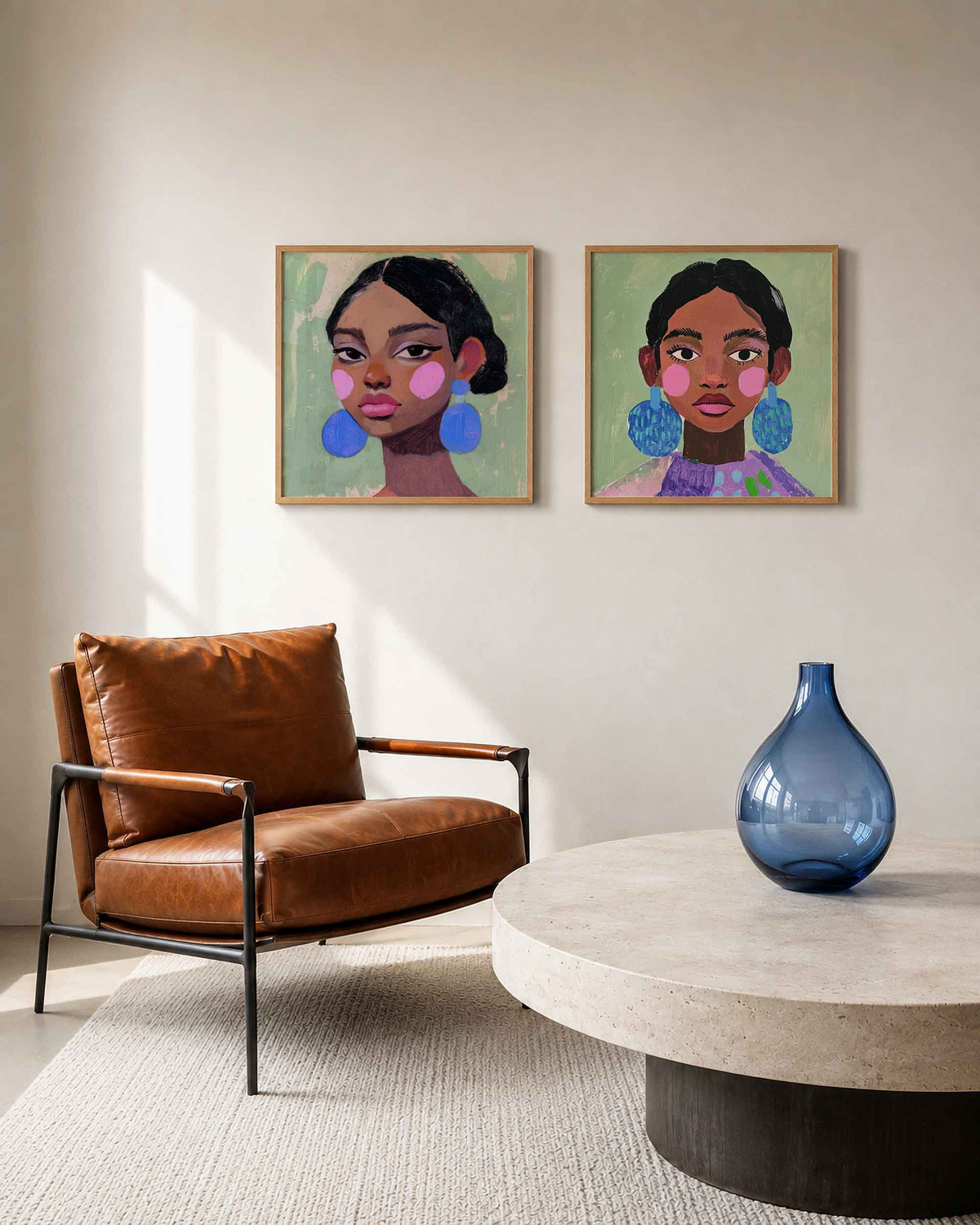 Interieurpresentatie van een tweedelige vierkante posterset met vrouwenportretten