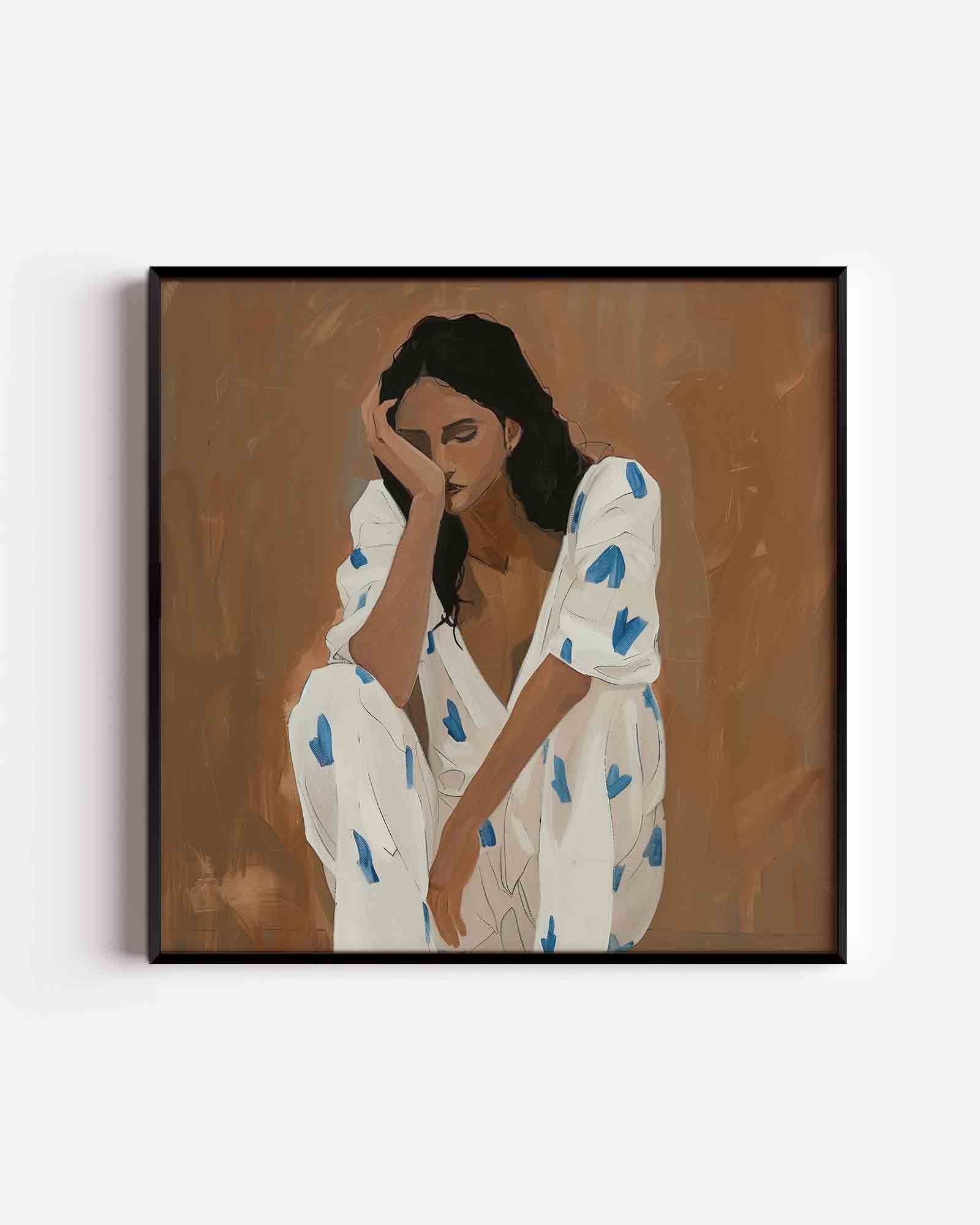 Zittende vrouw met blauwe accenten Poster