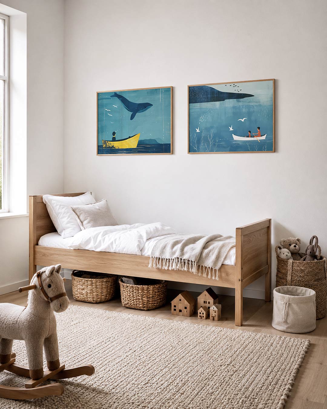 Interieurpresentatie van twee posters met een blauwe walvis boven een gele boot op een rustige zee