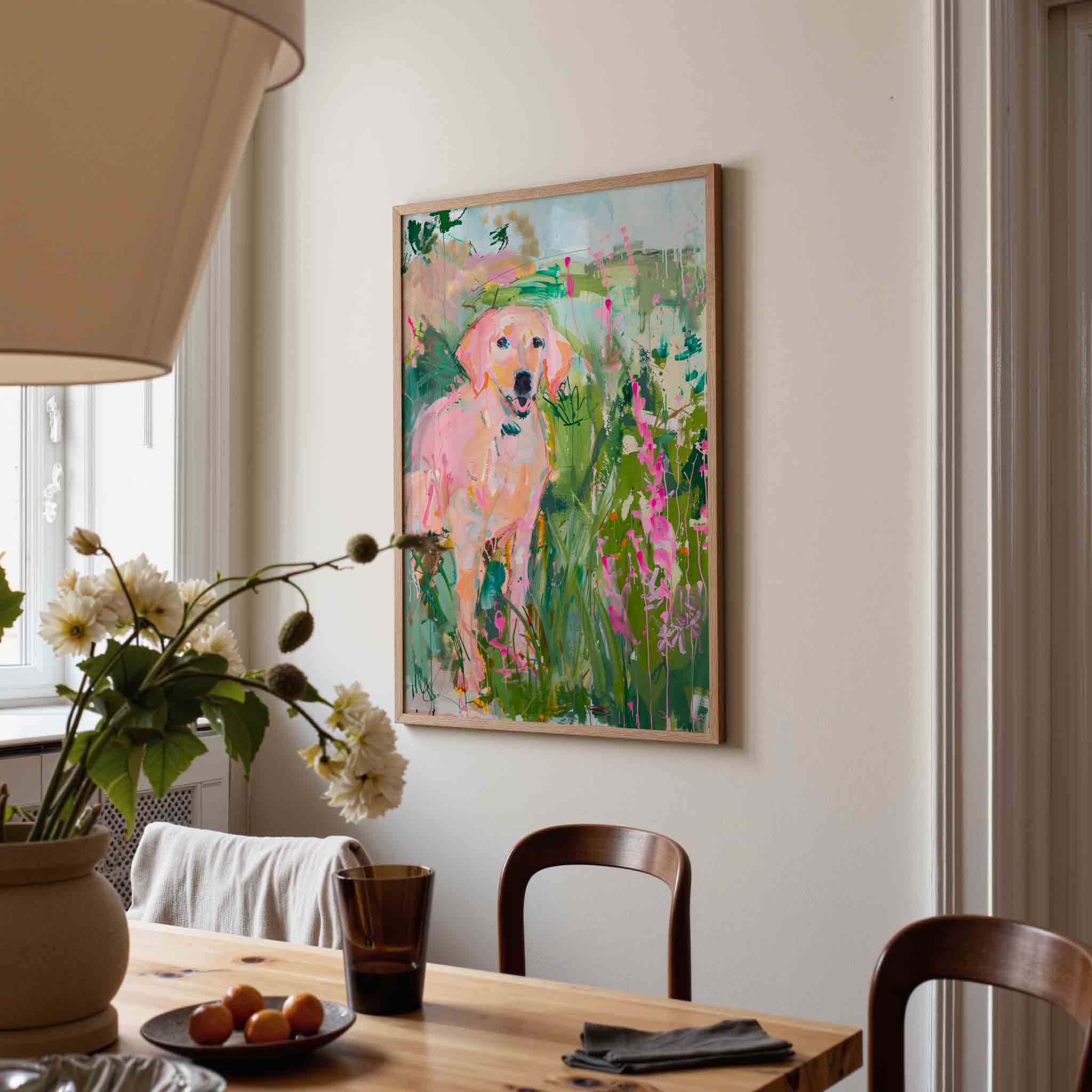 Hond in kleurrijke bloemen Poster