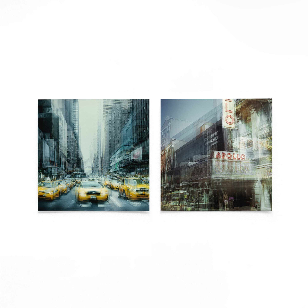 Productfoto van twee vierkante posters met stad in gelaagde beweging – Gerald Emming