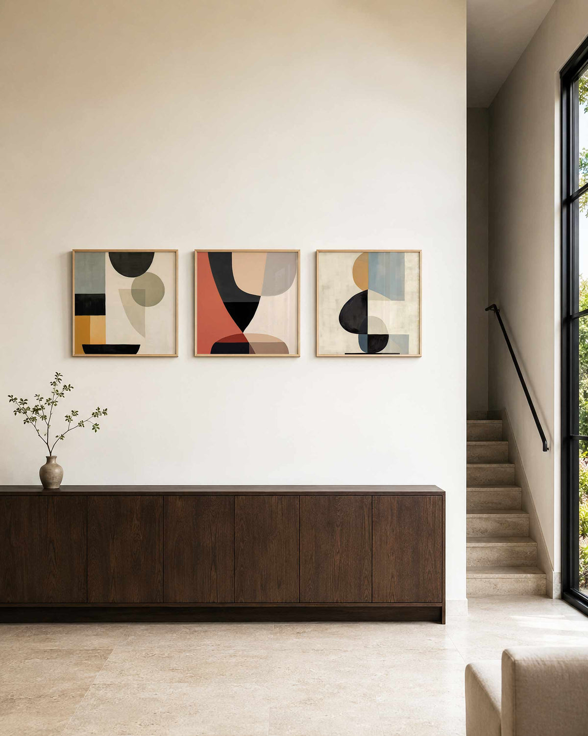 Interieurpresentatie van een driedelige vierkante posterset met abstracte vormen