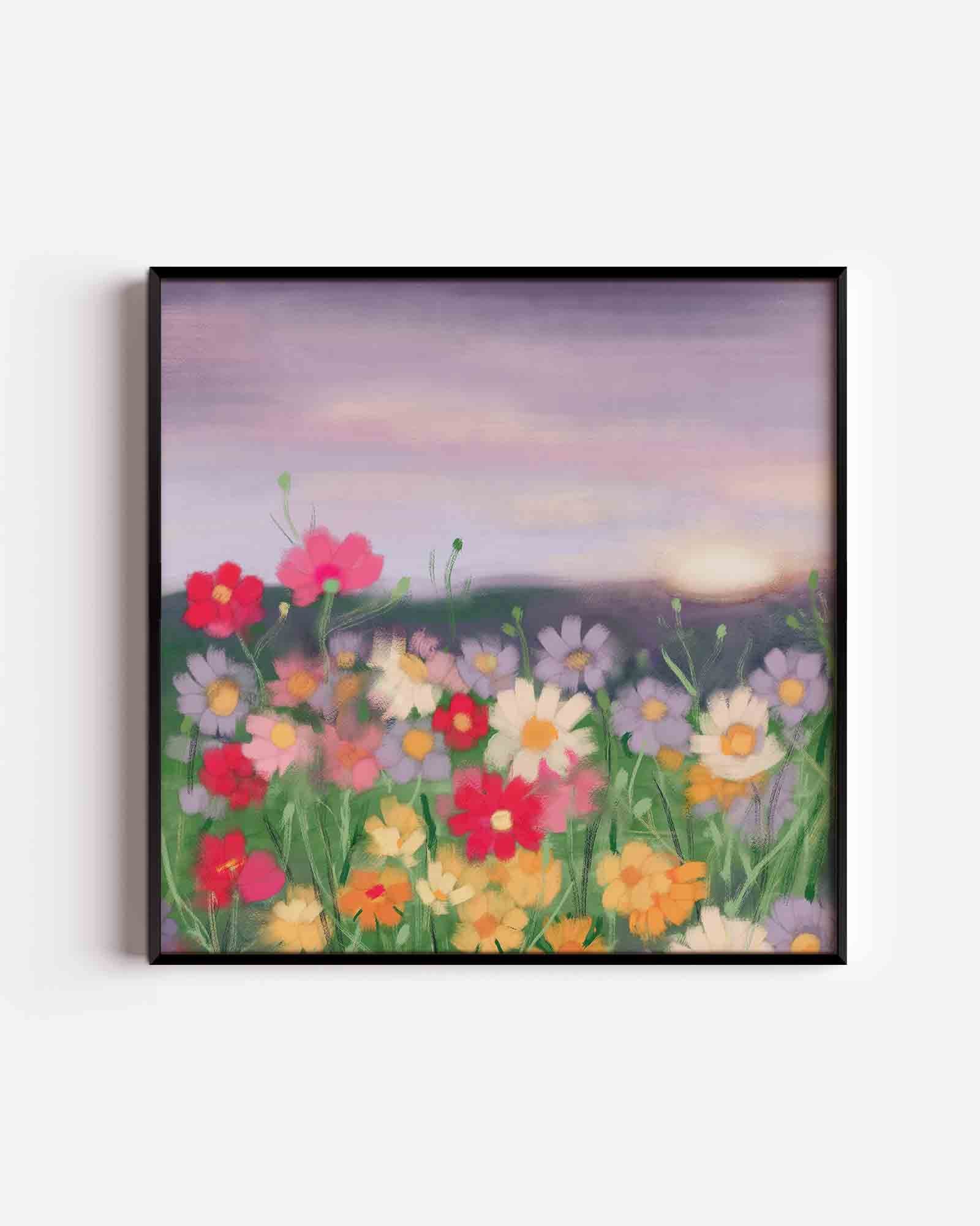 Bloemenveld bij zonsondergang Poster