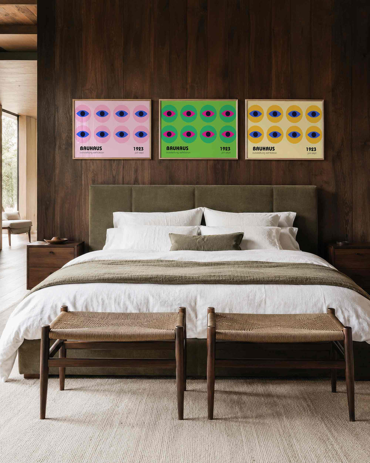 Interieurmockup van drieluik landscape-posterset met rijen van ogen