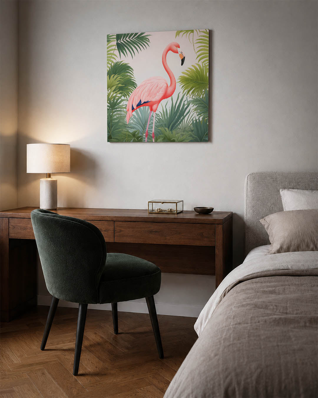 Flamingo en bladeren Kunstwerk