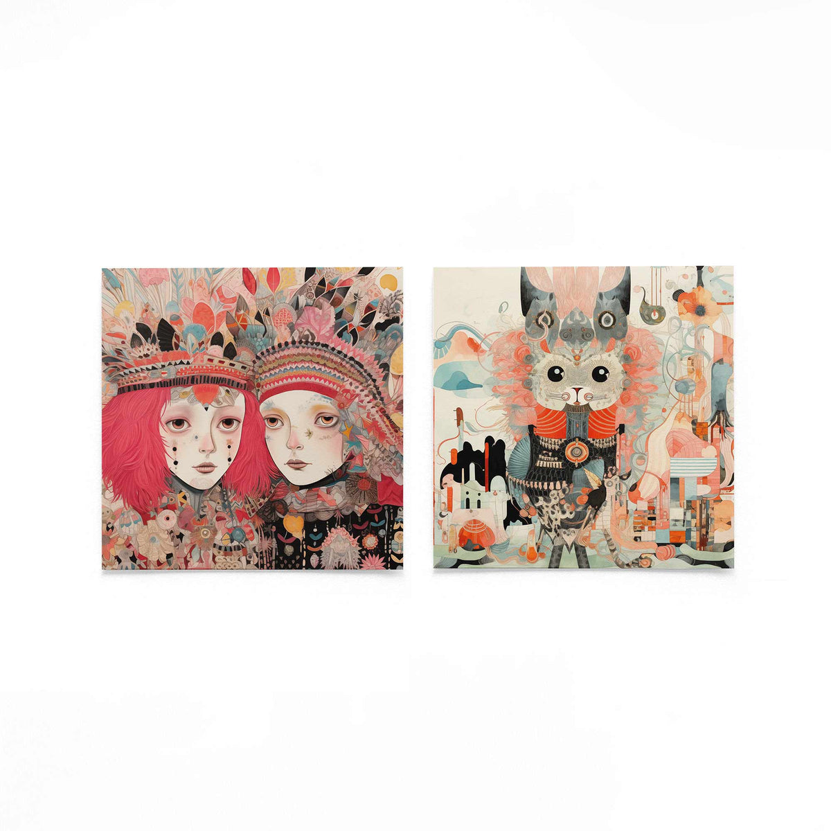 Twee vierkante posters met meisjes en fantasiedier op een gebroken witte achtergrond