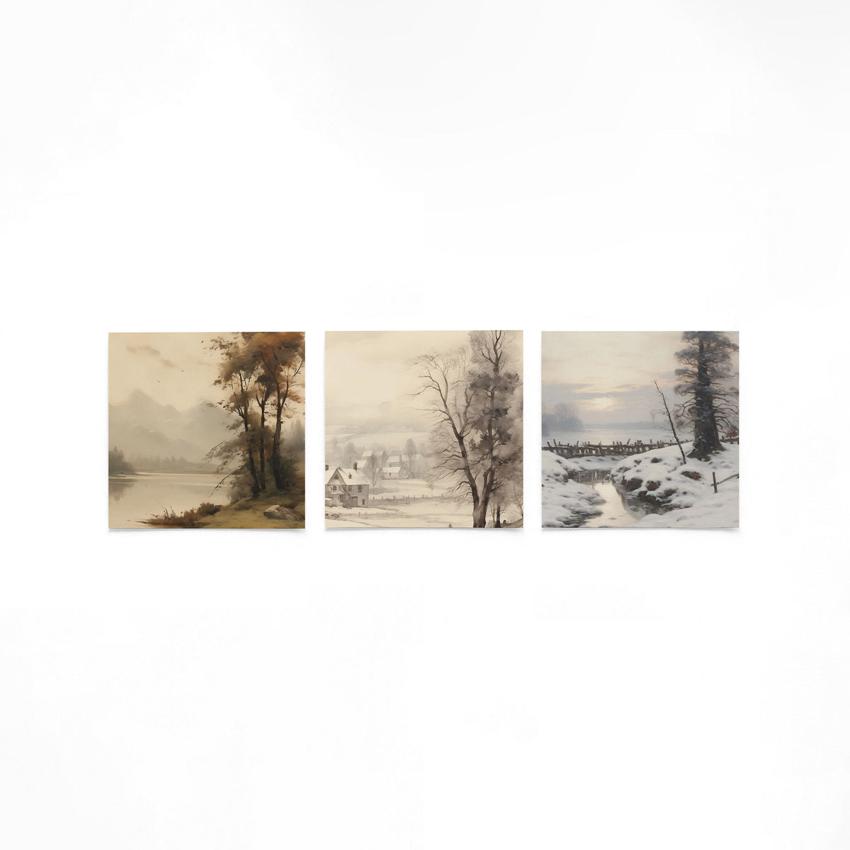 Drie vierkante posters met winterse landschappen op een gebroken witte achtergrond