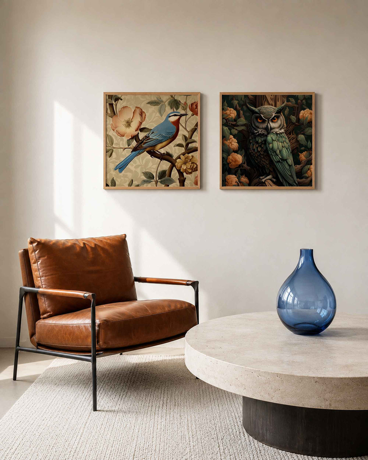 Interieurpresentatie van een tweedelige vierkante posterset met vogels en bloemen