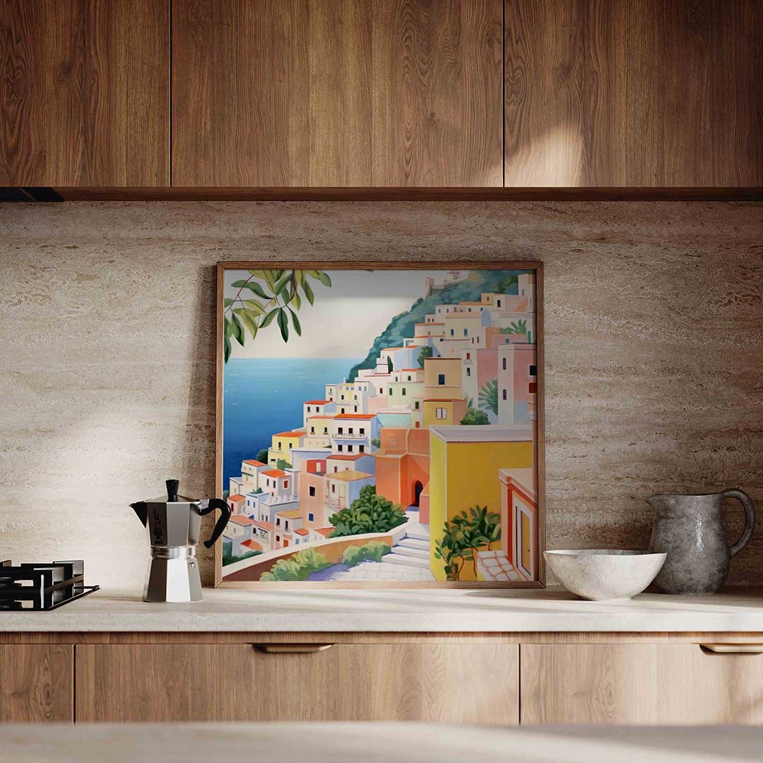 Gekleurde huizen aan zee Poster