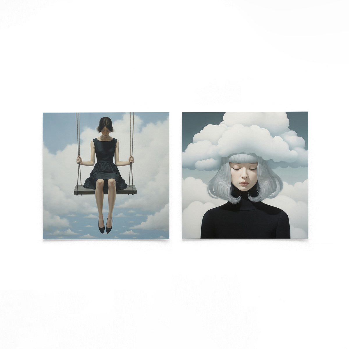 Twee vierkante posters met vrouwen tussen wolken op een gebroken witte achtergrond