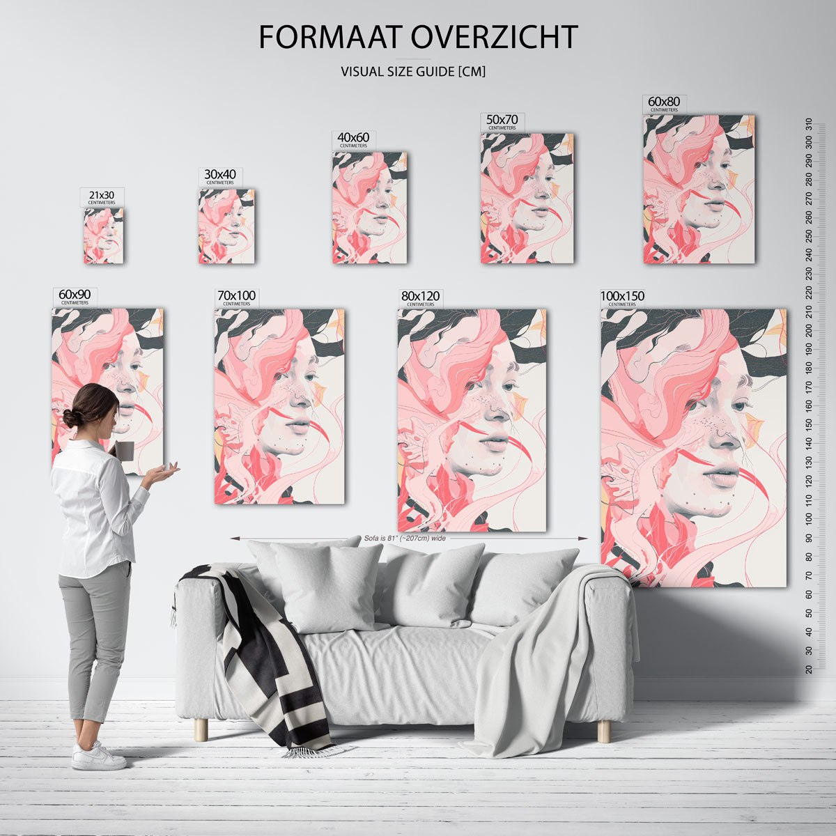 Vrouwelijk gezicht met roze lijnen Poster