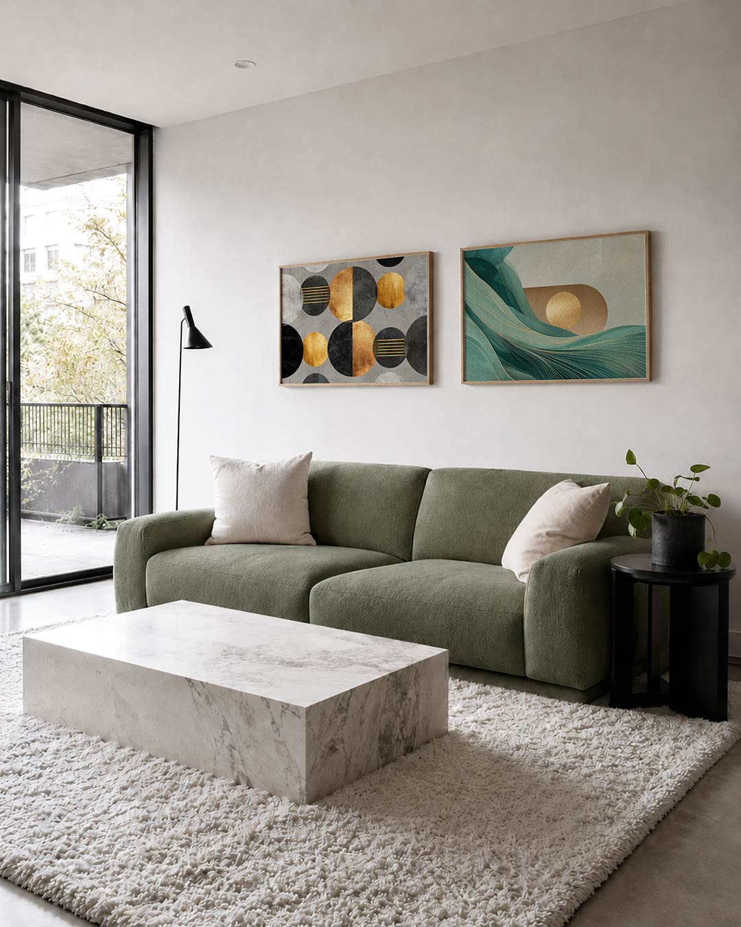 Tweedelige posterset met cirkels in goud, zwart en grijs, getoond in een interieur