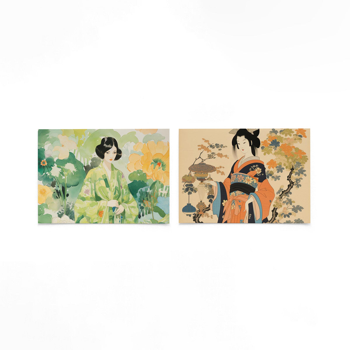 Twee liggende posters met een posterset in twee delen met een vrouw in een groene kimono op een gebroken witte achtergrond