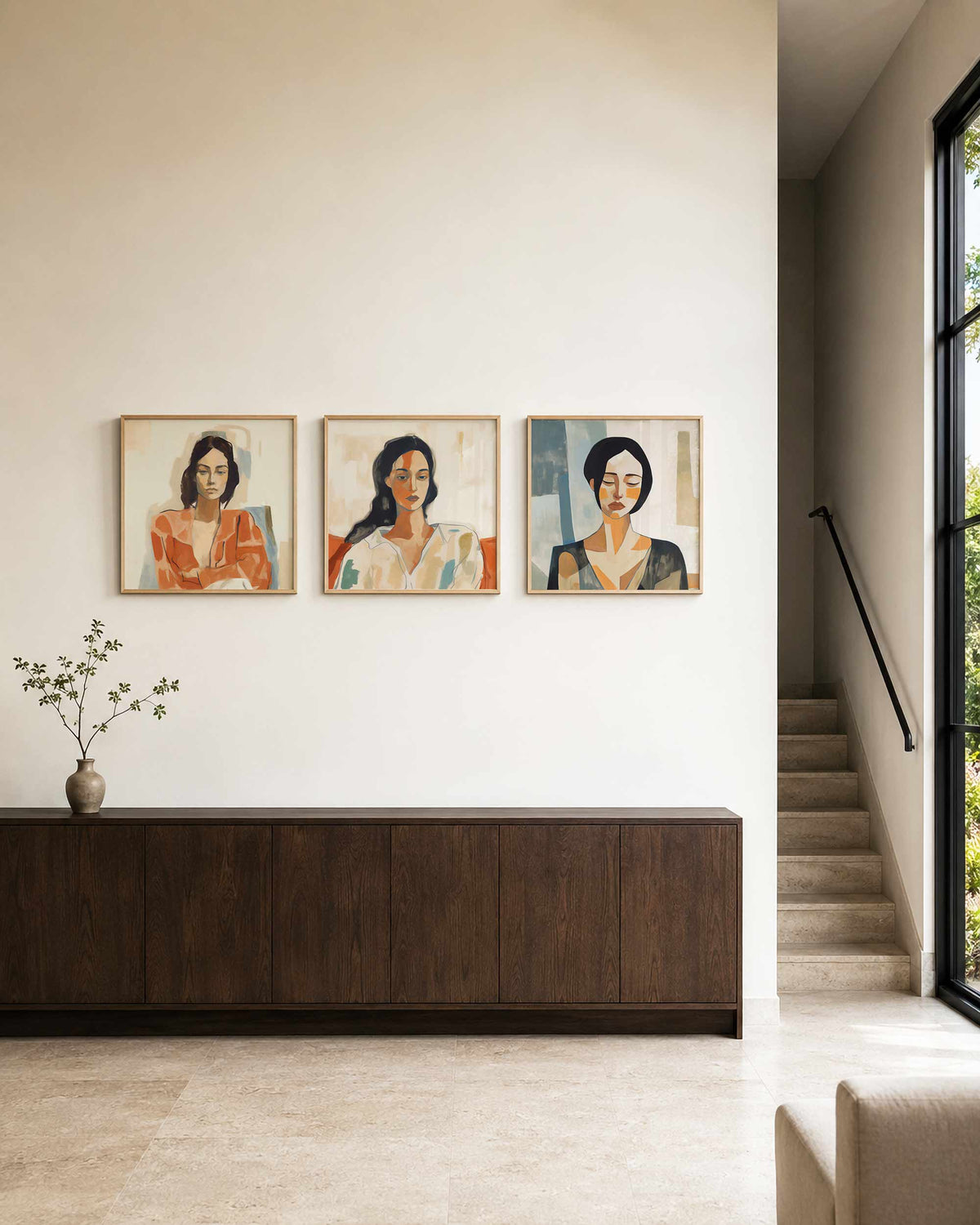 Interieurpresentatie van een driedelige vierkante posterset met abstracte vrouwenportretten