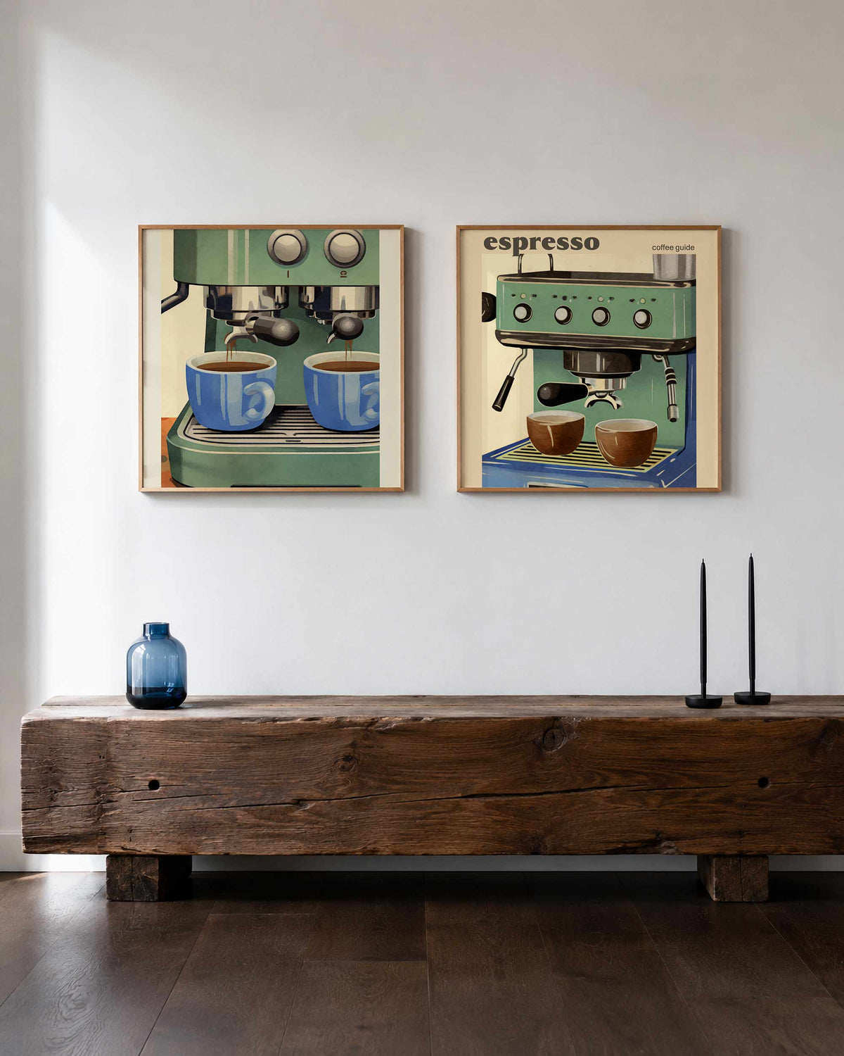 Interieurpresentatie van een tweedelige vierkante posterset met espressomachine