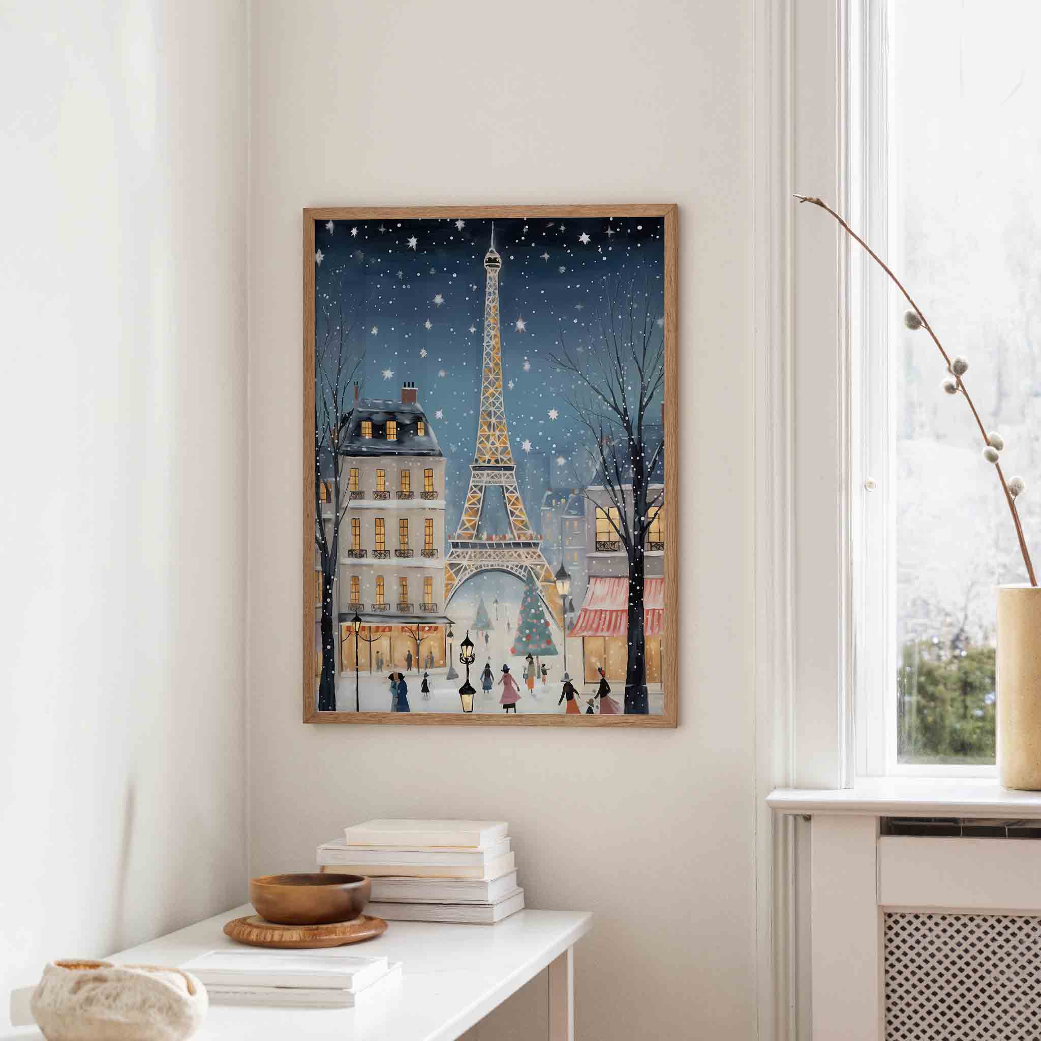 Winterse stad met toren Poster
