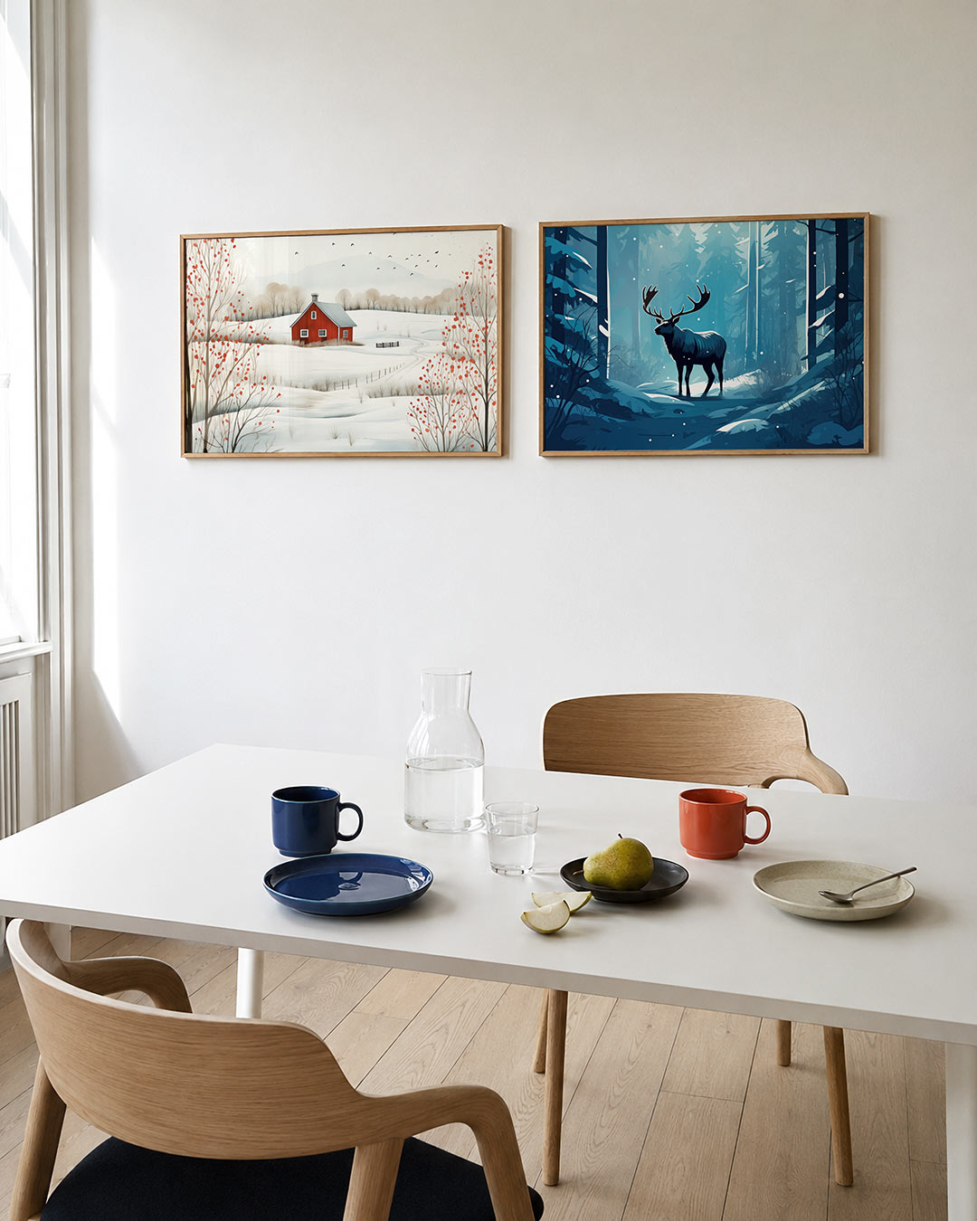 Tweedelige posterset met een huisje centraal, in een besneeuwd landschap, getoond in een interieur