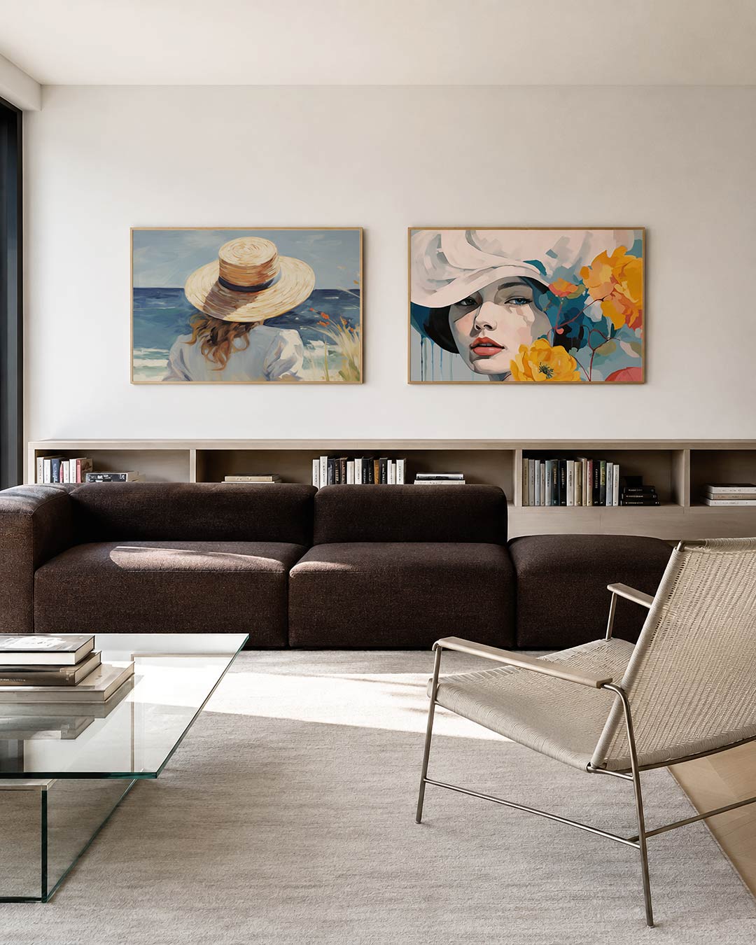 Twee liggende posters met een vrouw met een hoed uitkijkend over de zee, aan de muur in een interieur