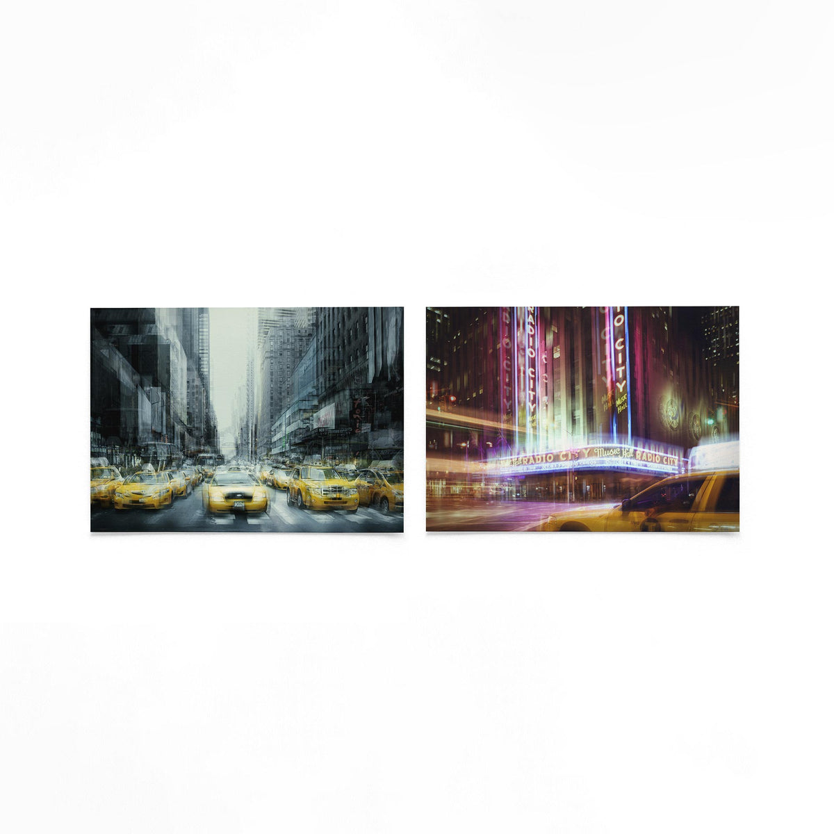 Productfoto van twee liggende posters met taxi’s in neonlicht – Gerald Emming