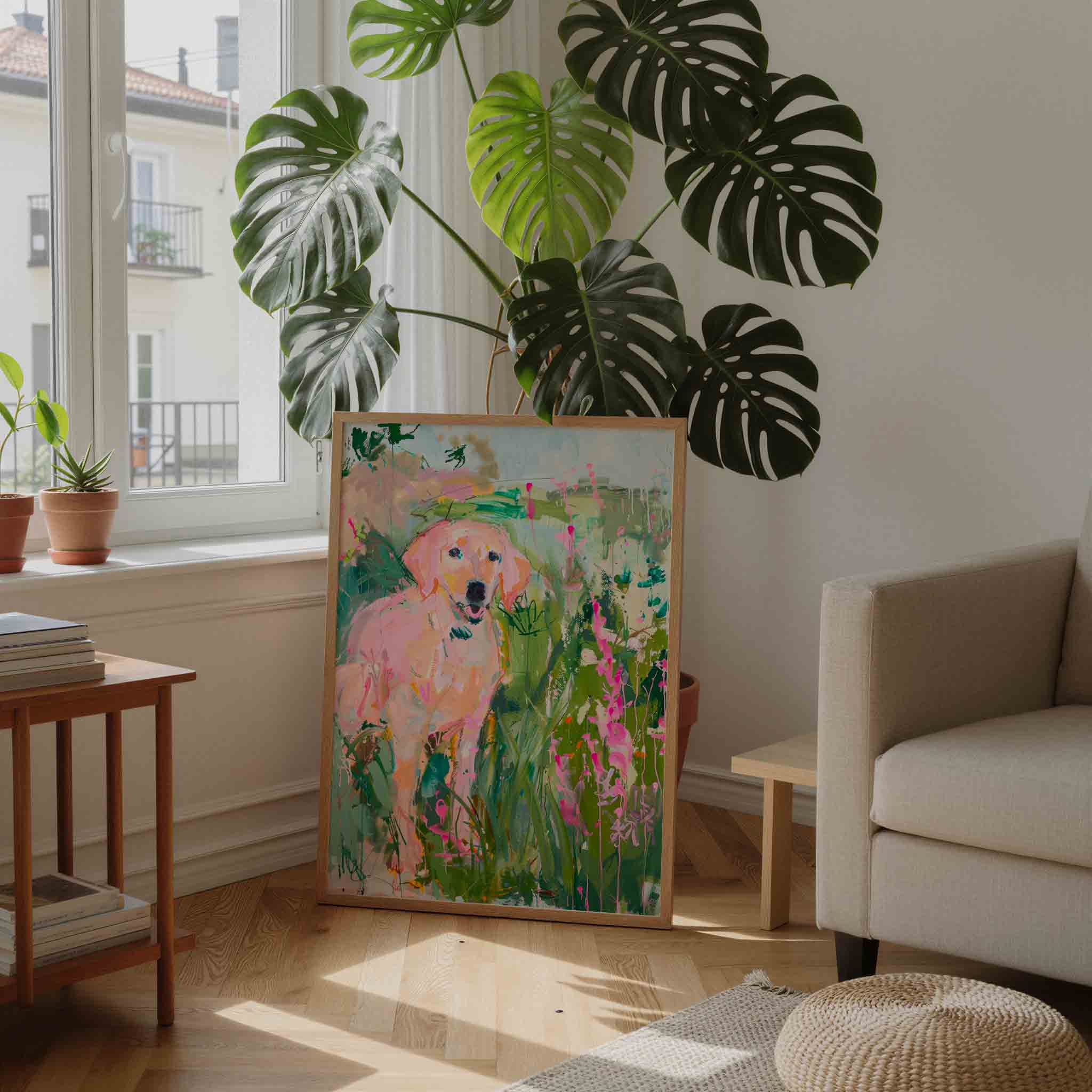 Hond in kleurrijke bloemen Poster