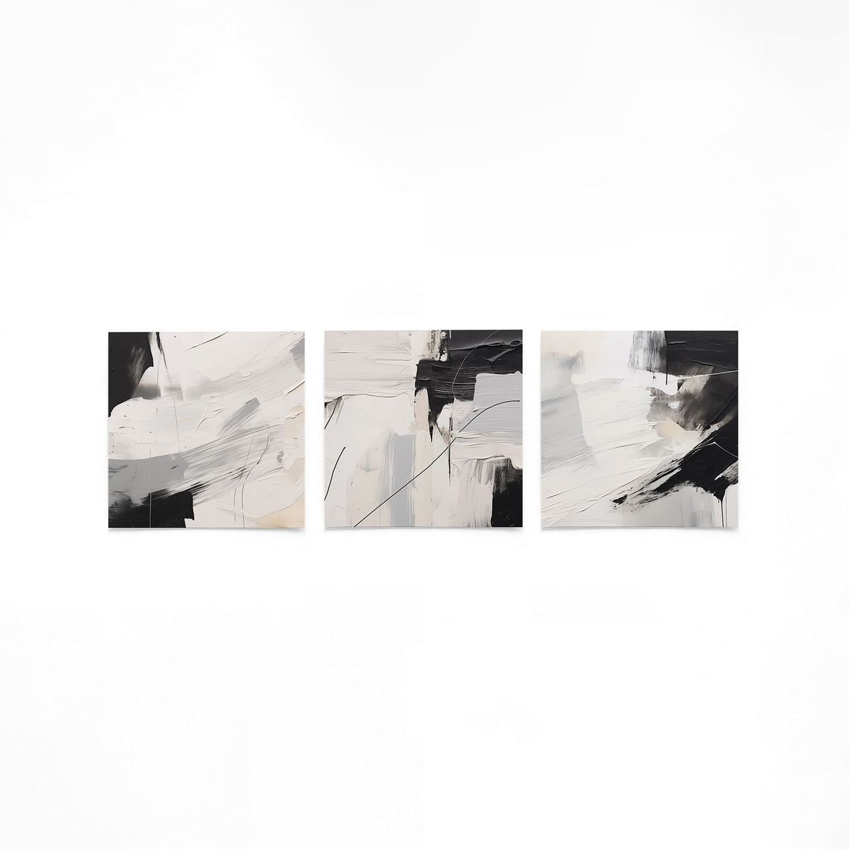 Drie vierkante posters met zwart wit abstract op een gebroken witte achtergrond