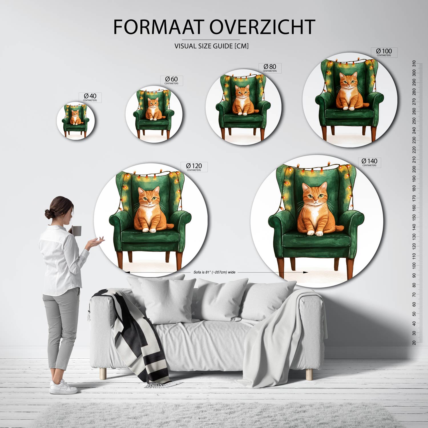 Kat op groene stoel Muurcirkel