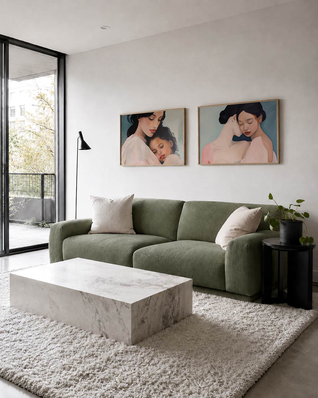 Twee liggende posters met donkere tinten en een rustige visuele opbouw, aan de muur in een interieur