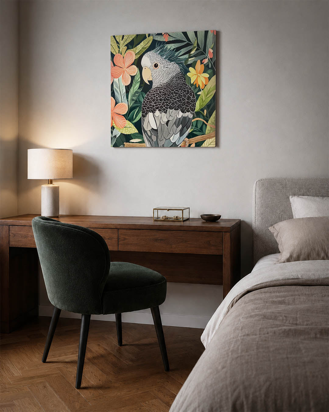 Vrolijke vogel en bloemen Kunstwerk