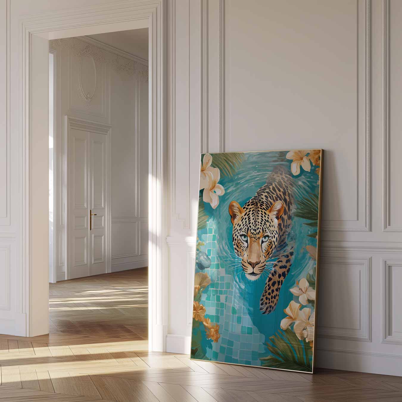 Dappere Luipaard in Paradijselijke Zwempartij Poster-WallArtistic