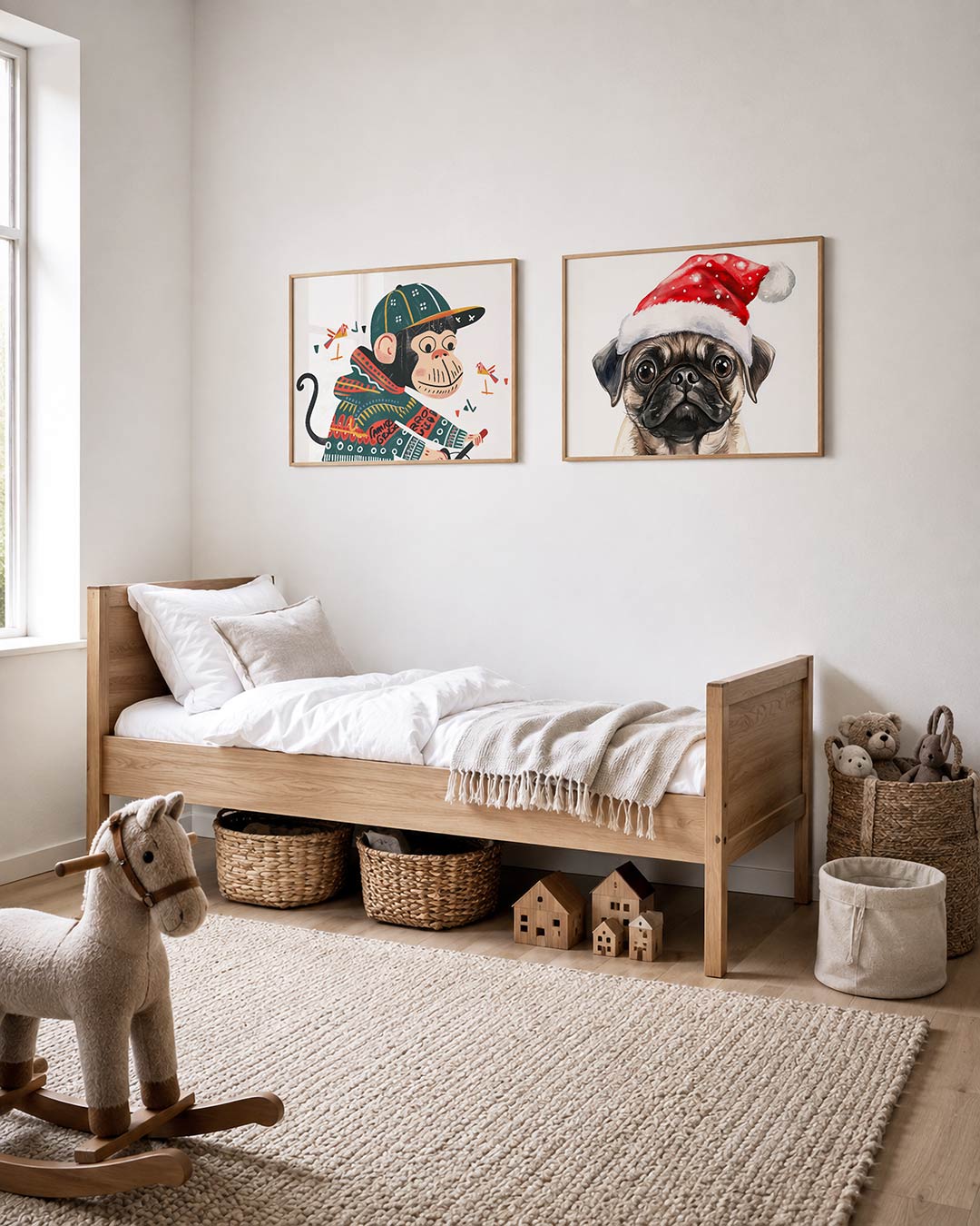 Interieurpresentatie van twee posters met een speelse aap met een pet en kleurrijke trui