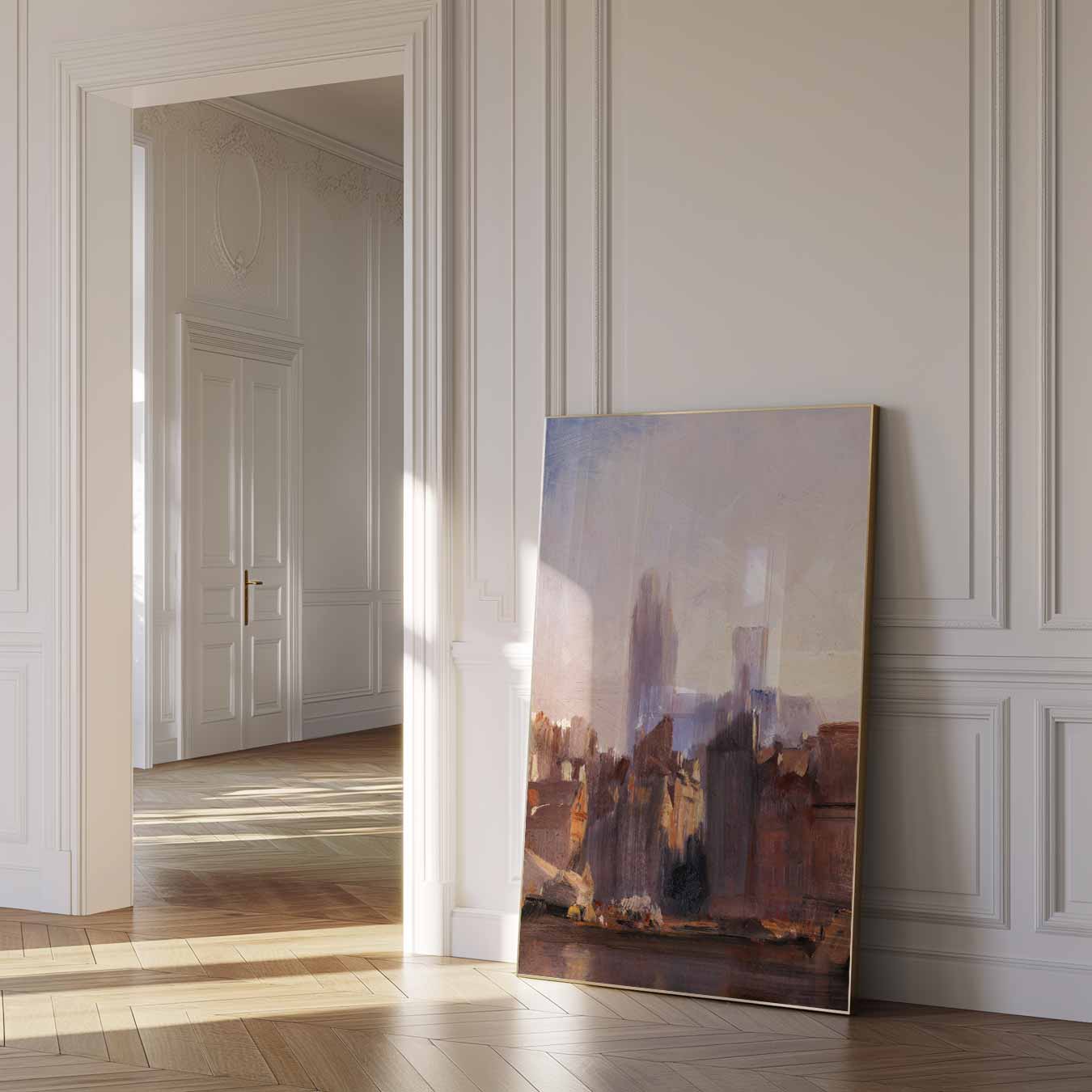 Stadssilhouet bij Zonsopgang Poster-WallArtistic