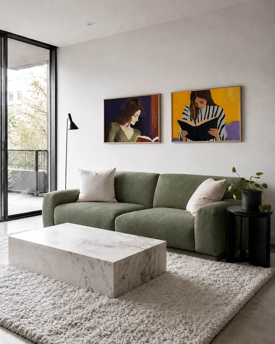 Tweedelige posterset met donkere tinten en een rustige visuele opbouw, getoond in een interieur