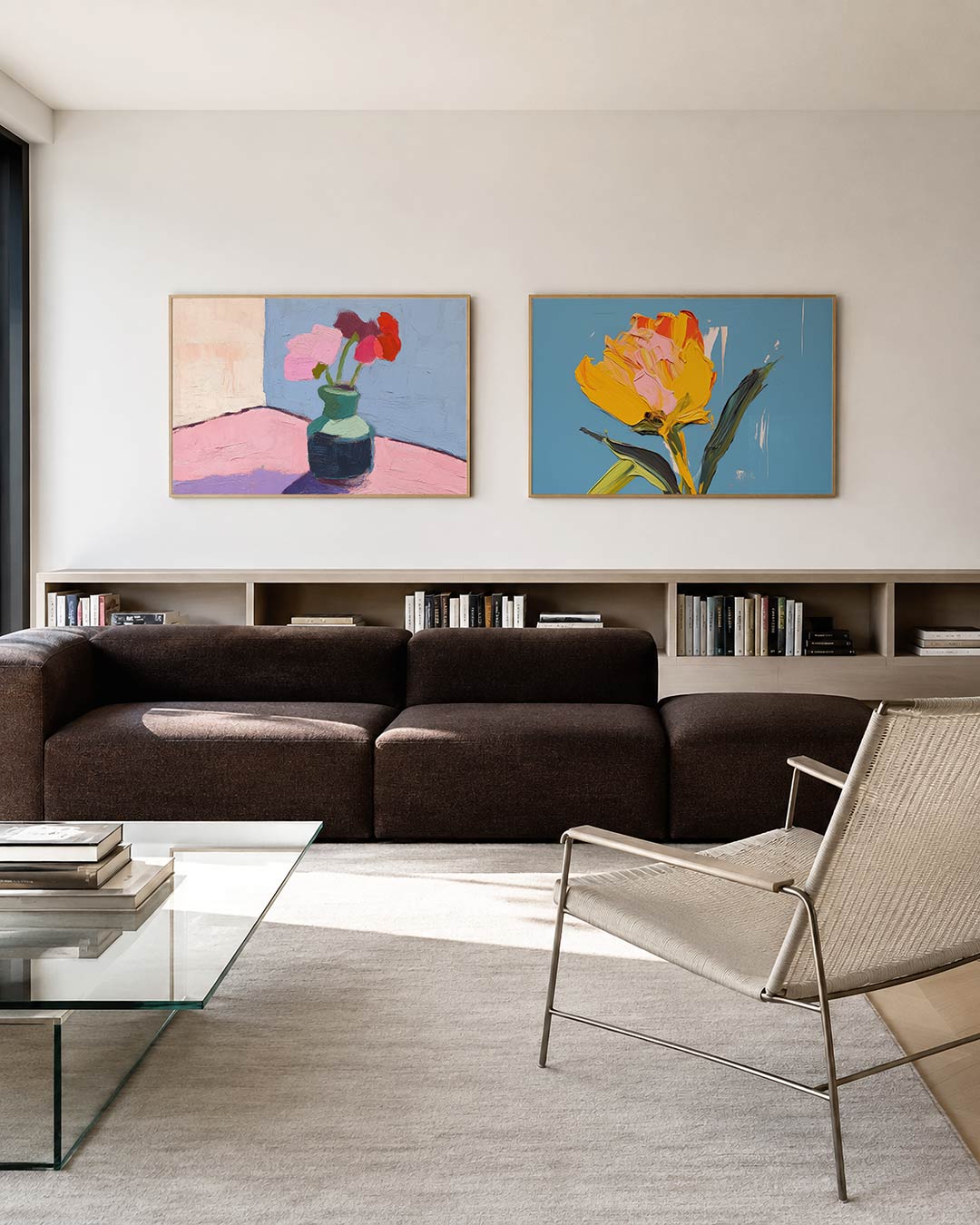 Twee liggende posters met een vaas met bloemen in levendige kleuren, aan de muur in een interieur