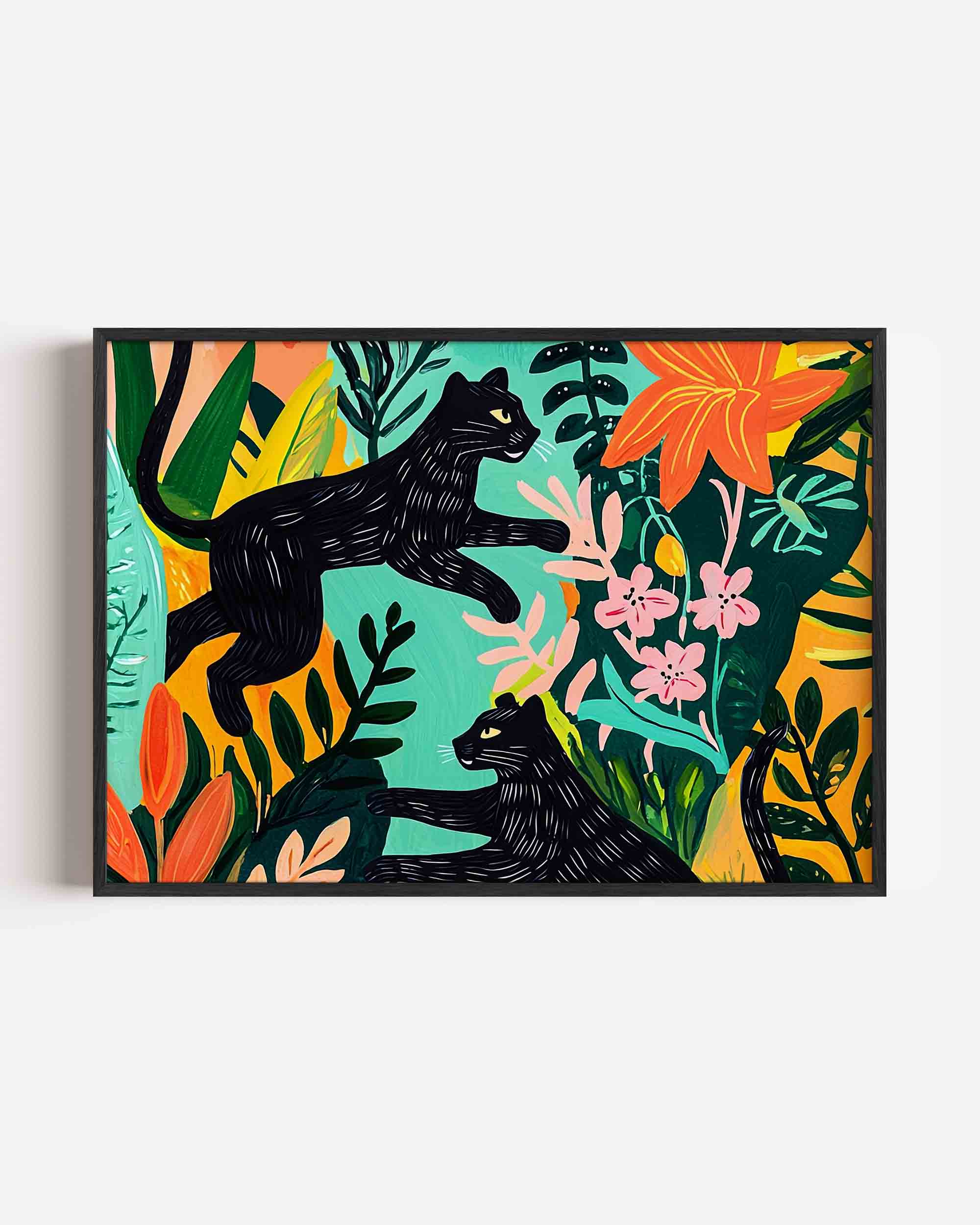 Zwarte panters en bloemen Poster