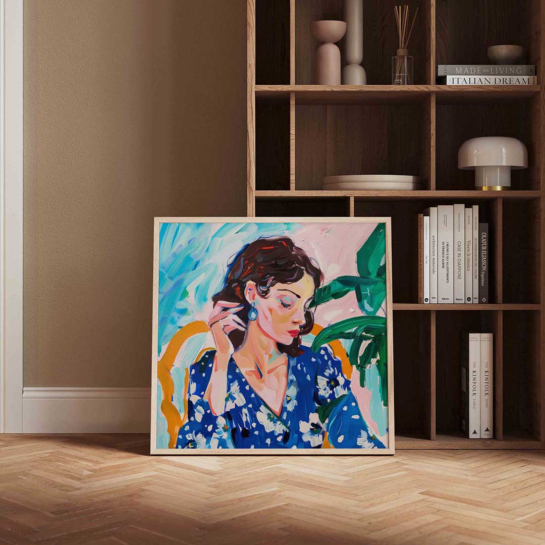 Vrouw met blauwe jurk Poster