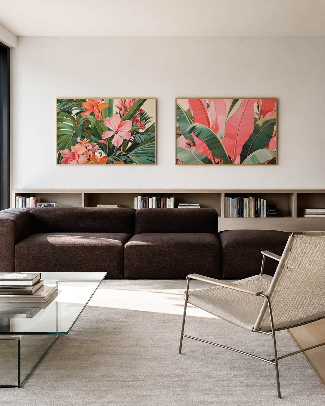 Tweedelige posterset met een weelderige verzameling van roze en oranje bloemen, getoond in een interieur