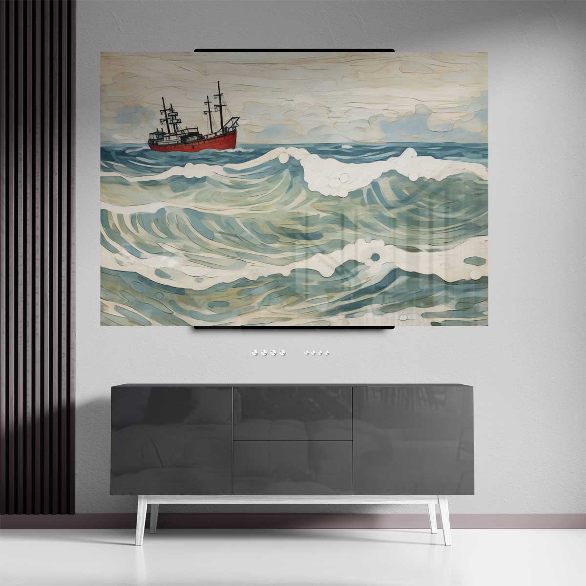 Golven van Avontuur: Rood Schip op Zee Kunstwerk-canvas-dibond-plexiglas-wanddecoratie-WallArtistic