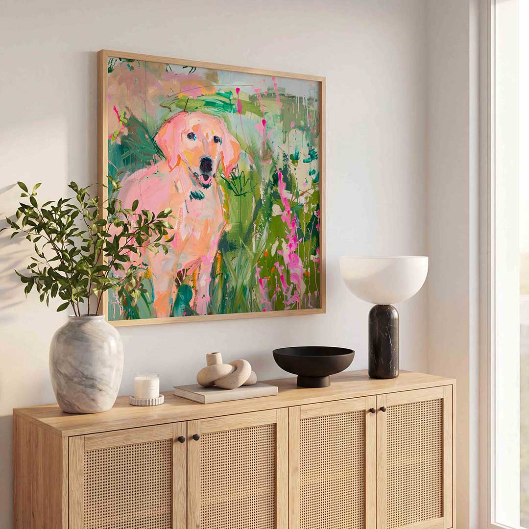 Hond in kleurrijke natuur Poster