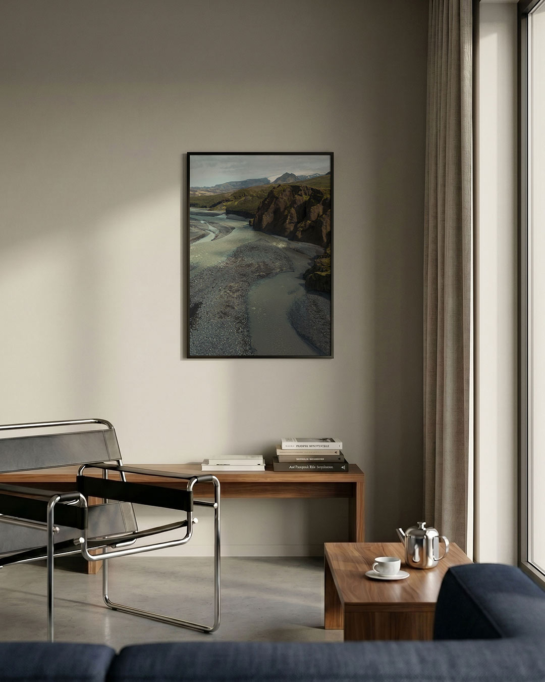 Rivierlandschap met bergen Poster