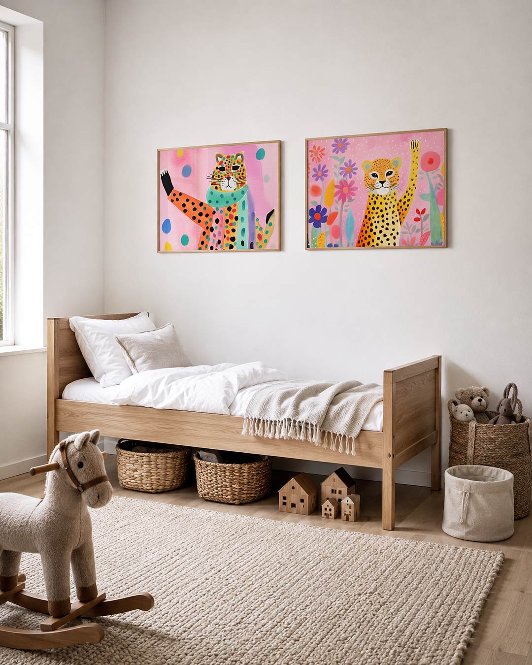 Tweedelige posterset met een kleurrijke kat met stippen en strepen op een roze achtergrond, getoond in een interieur