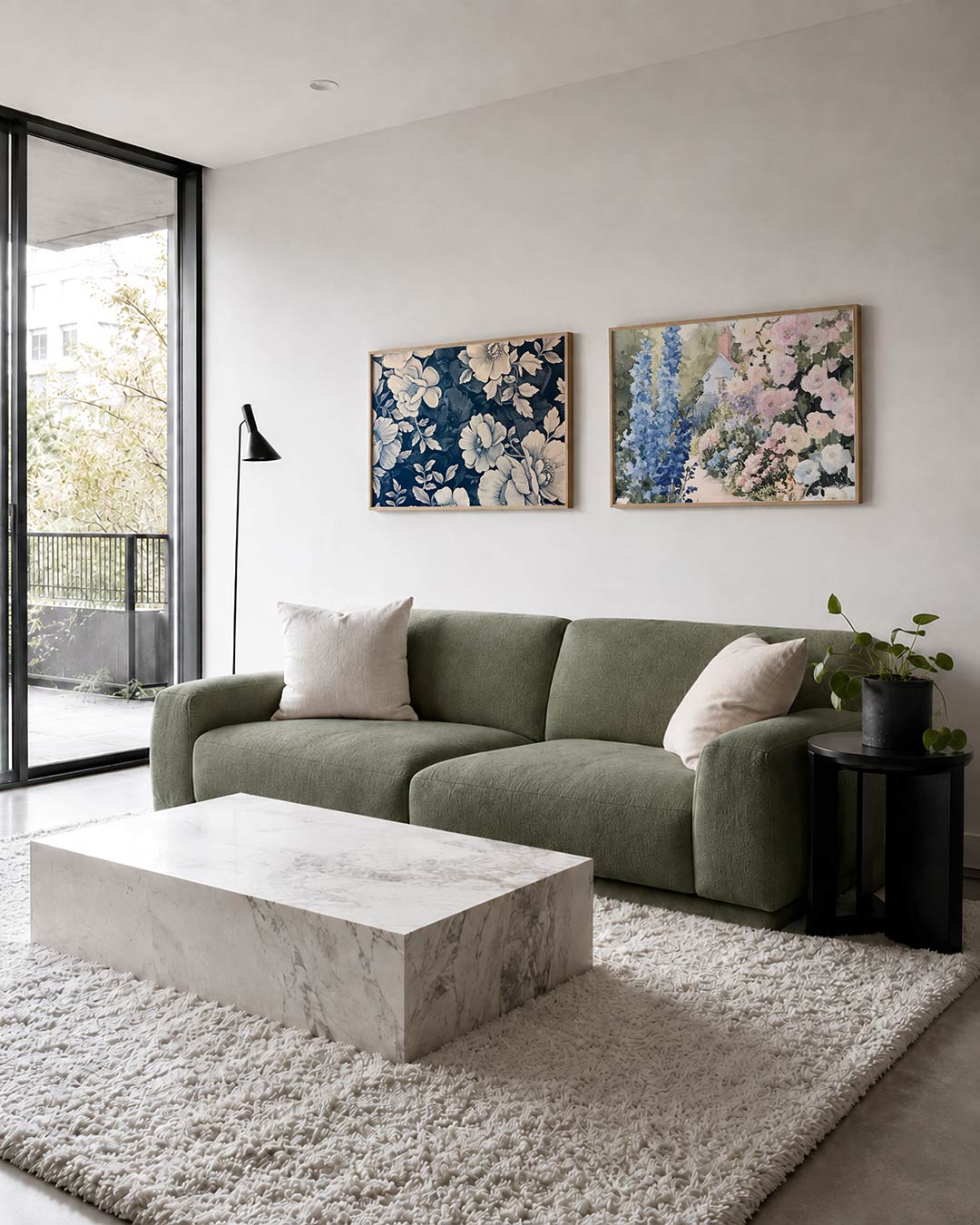 Tweedelige posterset met een weelderige verzameling van bloemen en bladeren in zachte blauw, getoond in een interieur