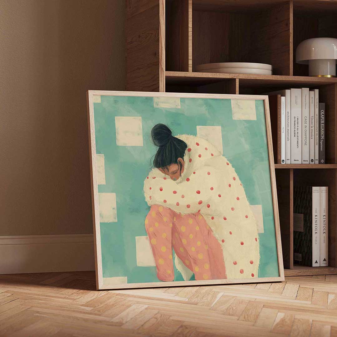 Vrouw in stippenjas Poster